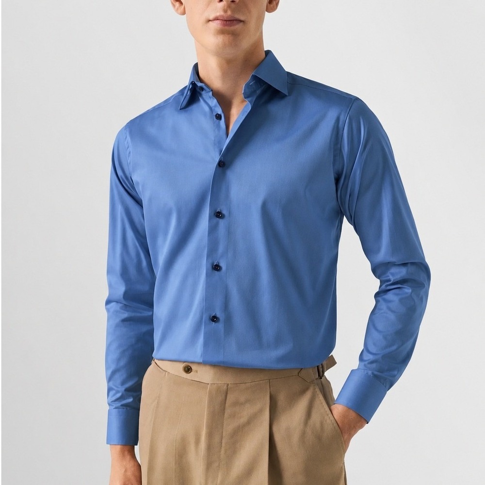 Eton Solid Signature Cotton Twill Dress Shirt Men 17.5/44 XL Blue Navy Buttons
